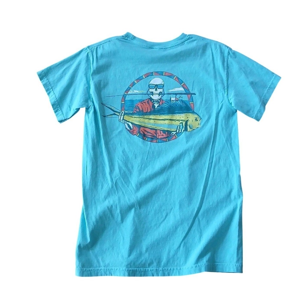 Comfort Colors T-Shirt Mens Small Blue Pocket Skeleton Fishing Mahi Mahi Tee